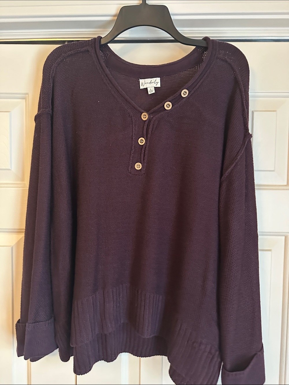 Wonderly Plum Button-Accent Scoop Henley Sweater